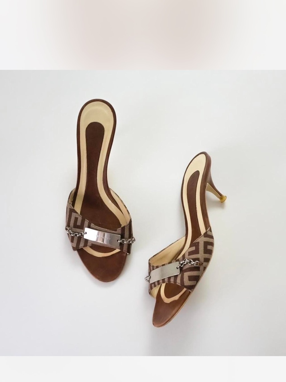 Givenchy Brown Open-Toe Slide Heels with Chain Accent